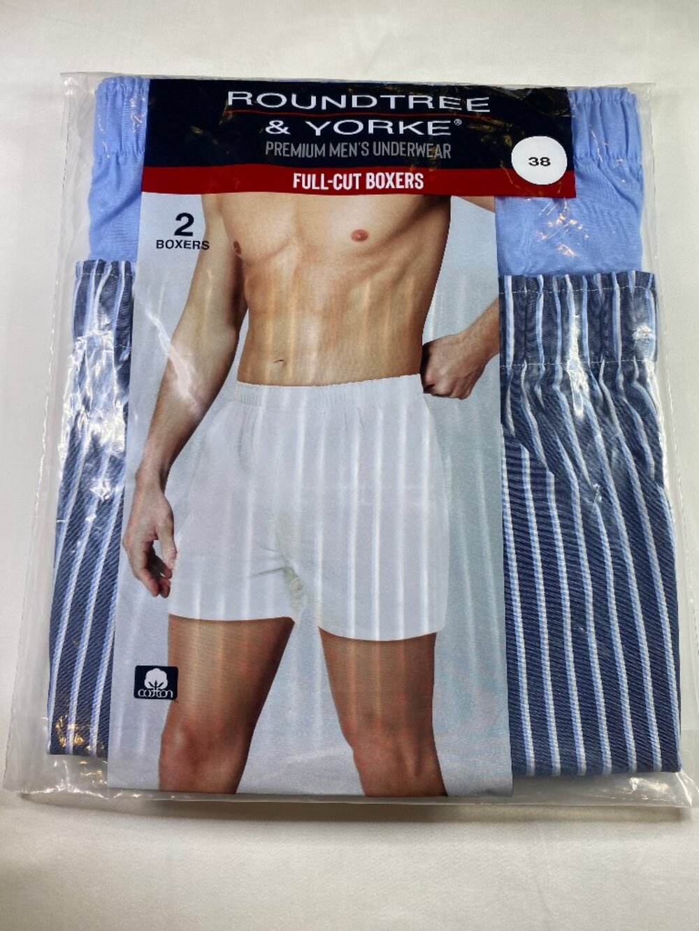 ROUNDTREE & YORKE Men's 2 Pack Full Cut Boxers - NWT - Size 38 Blue Stripe Solid
